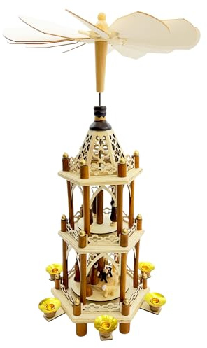 Wichtelstube-Kollektion Weihnachtspyramide Christi Geburt 3 Etagen Original 6 Pyramidenkerzen hochwertig Weihnachtsdeko Holz sehr leichtgängig Höhe 43cm