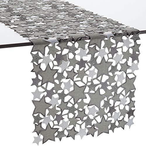 REDBEST Tischläufer Sterne mit Durchbruchstickerei Silber Größe 40x85 cm - mit Metallgarn, pflegeleicht und beständig