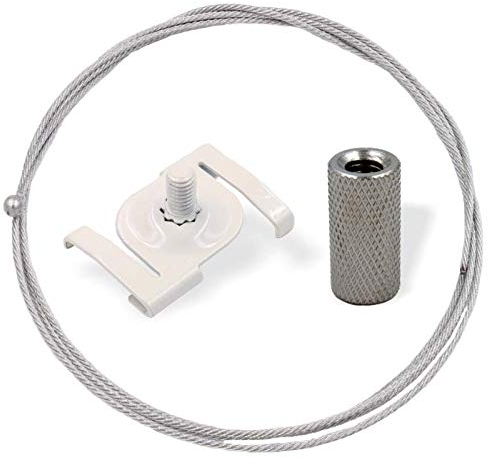 Abhängeset mit Deckenclip, Rasterdecken Clip, Klammern für Odenwalddecke weiß ohne Drahtseilhalter/Gripper | Deckenbefestiger, Schraubkappe, Deckenclip, Drahtseil Ø1,5mm, Länge 3000mm