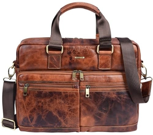 STILORD Vito Vintage Businesstasche Leder Herren Damen 14 Zoll Laptoptasche Umhängetasche Aktentasche Arbeitstasche Rindsleder Farbe:Prestige - braun