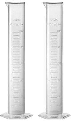 sourcing map Plastic Graduated Cylinder, 250ml Measuring Cylinder, Science Test Tube Beakers, Single Metric Scale, Clear Hex Base Flask for Lab Home 2pcs