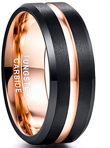 NUNCAD Men's Rings Black 8mm Tungsten Wedding Ring for Men Two-Tone Simple Band Ring with Rose Gold Groove Beveled Edges Size W
