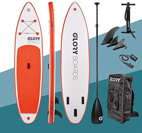 Glory Boards ® 2021 - Stand up Paddling Board aufblasbar – bis 180kg Tragkraft – komplettes SUP Set inkl. Carbonpaddel, Pumpe, Rucksack – Kajak Option – leichtes Stand up Paddle Board