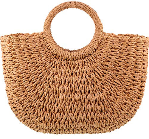 Frienda Straw Tote Bag Summer Beach Bag Handmade Straw Woven Handbag for Women Travel, khaki, 12.6 x 7.87 x 8.66 Inch