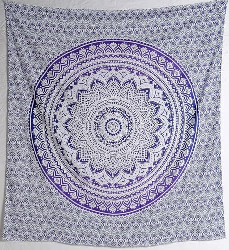 THE ART BOX Indie Wandteppich Baumwolle Mandala Wandbehang Deko Teppich Aesthetic Room Decor Dekoration Wandtuch/Strandtuch Wohnzimmer Indische Tücher Schlafzimmer, lila und blau 140 x 210 Cm