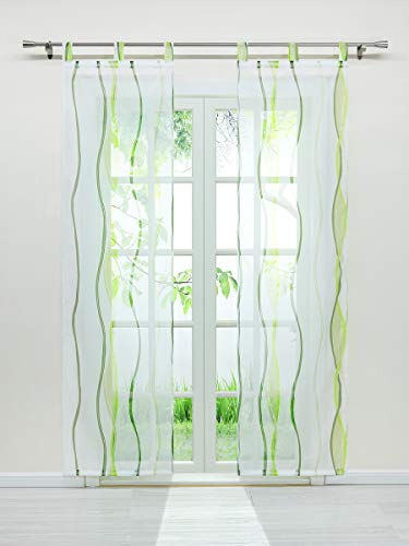 Delien Voile Schiebegardinen Streifen Vorhang Flächenvorhänge Transparenter Gardine mit Schlaufen Wohnzimmer Fensterschals inkl. Beschwerungsstange (2er-Pack, je H/B: 225/57 cm),Grün