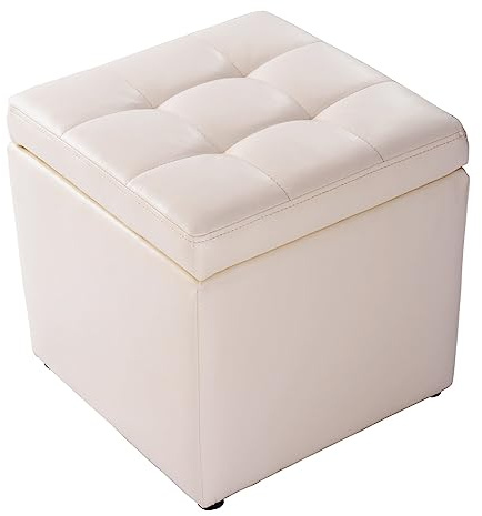 COSTWAY Sitzhocker mit Stauraum, Sitzwürfel aus PU, Sitzbox belastbar bis 300kg, Polsterhocker mit Deckel, gepolsterte Sitztruhe Fußhocker Aufbewahrungsbox, 40 x 40 x 40 cm (Cremeweiß)