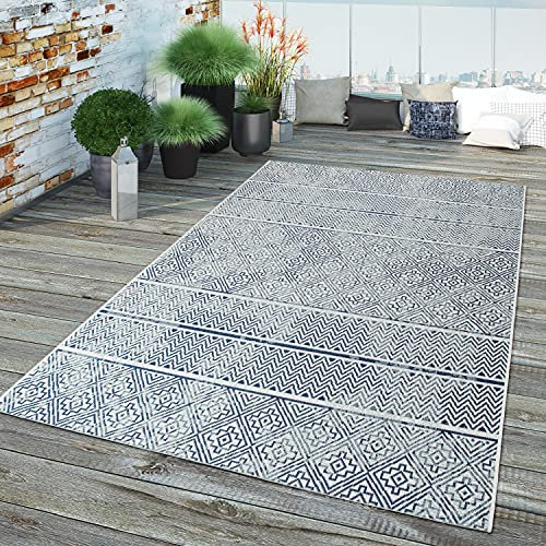 TT Home In-& Outdoor Teppich Für Terrasse Küchenteppich Modernes Orientalisches Design, Farbe: Grau Weiß Blau, Größe:80x150 cm