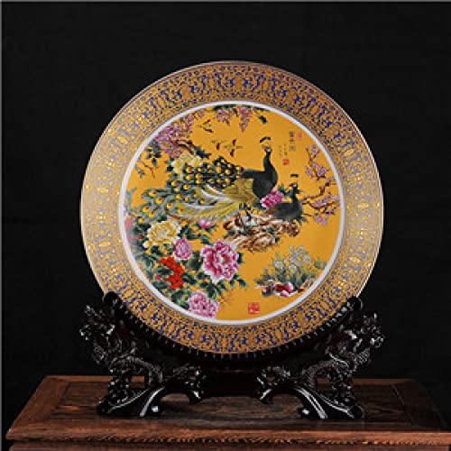 Keramik Ornamentplatte Jingdezhen Keramik Golden Big Teller Porzellan Deko Teller Durchmesser 35cm Metope für Wohnzimmer Hotel Pfau