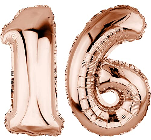 DekoRex Folienballon Rosegold 40cm Geburtstag Jubiläum Hochzeit Deko (Zahl 16)
