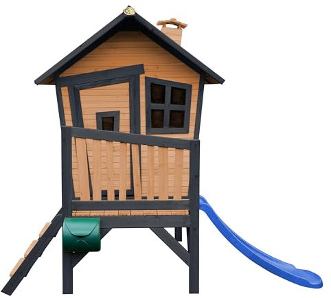 AXI Spielhaus Robin mit Blauer Rutsche | Stelzenhaus in Braun & Grau aus FSC Holz für Kinder | Spielturm für den Garten.