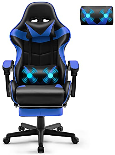Soontrans Gaming Stuhl Massage, Gaming Sessel mit Fußstütze & Kopfstütze & Massage-Lendenkissen, Gepolsterte Armlehnen, Ergonomisch Gaming Stuhl für Gamer YouTube Livestreaming Xbox (Blau)