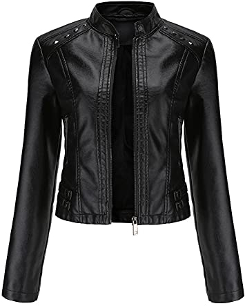 YYNUDA Damen Lederjacke Kurz Bikerjacke Stehkragen Reißverschluss Leder Jacke Übergangsjacke für Herbst Frühling(Schwarz M)