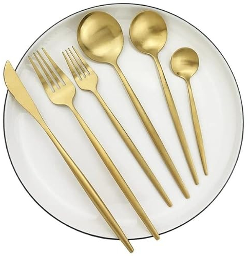 36 tlg. Besteck-Set Gold Elegant 18/10 Edelstahl Steinless Steel für 6 Personen Messer Gabel Löffel KuchengabelCutlery Spoon Hochwertig Spülmaschinen geeignet mit Geschenkbox