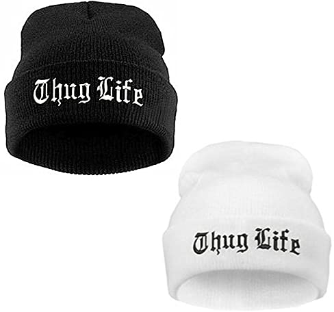 LANLYLGQ 2Stück Strickmütze Thug Life Beanie Unisex Herren Damen Warmmütze Wintermütze Skimütze (Schwarz+Weiß)