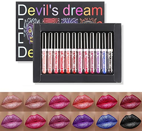 Holzsammlung Lápiz labial de larga duración con brillo de diamante de 12 colores, lápiz labial líquido metálico,duradero e impermeable, antiadherente