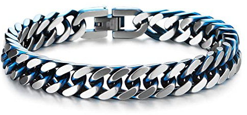 Herren Edelstahl Silber Blau Zweifarbig Panzerkette Armband, Satiniert