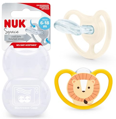 NUK Space Baby Schnuller | 6-18 Monate | Schnuller mit extra Belüftung für empfindliche Haut | BPA-freies Silikon | Löwe | 2 Stück