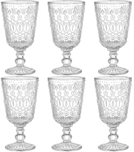 SOUJOY Juego de 6 copas de vino vintage, copa de vidrio transparente de 10 onzas, taza de agua prensada hecha a mano con tallo para fiestas, bodas