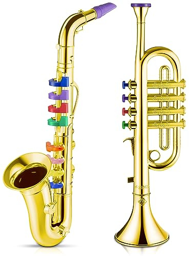 2 Pcs Toy Trumpet Saxophone Set for Kid, Plastic Musical Instrument Gift