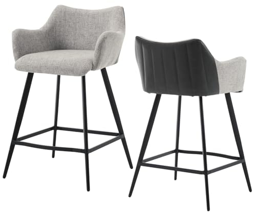 chairus Moderne Barhocker 2er Set Tresenhocker PU Leder + Leinen Stoff gespleißt Hohe Barstuhl für Frühstück mit Metallbeinen (Grau(Leinen))