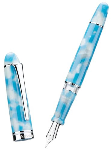 Asvine P50 Plunger Fountain Pen Wide Nib Sky Blue Resin Silver Trim Smooth Pen Collection with Pen Case Gift Set