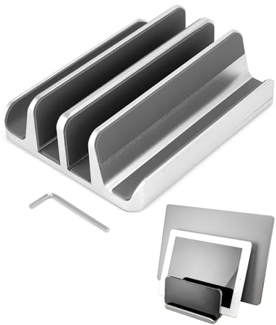 QWORK® Vertical Soporte para portatil, Aluminio, con Espacio Ajustable de 2 Ranuras, para Macbook, teléfono, computadoras portátiles para Juegos, iPad, Plateado