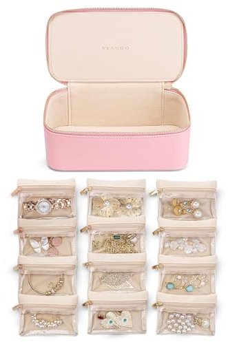 Vlando Travel Jewellery Case,PU Leather Jewellery Organiser with 12 Velvet Jewellery Pouch, Jewellery Box for Necklace,Ring, Gifts for Women, Strawberry Pink-L