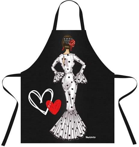 IllustrArte Delantal cocina mujer “Maria blanco” con diseño flamenco – 100% poliéster lavable – 78x65 cm – hecho en España