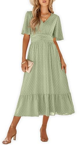 IFFEI Women Summer Maxi Dresses V Neck Chiffon Ruffle Sleeve Swiss Dots A-Line Dress Stretchy High Waist Flowy Dress M Light Green