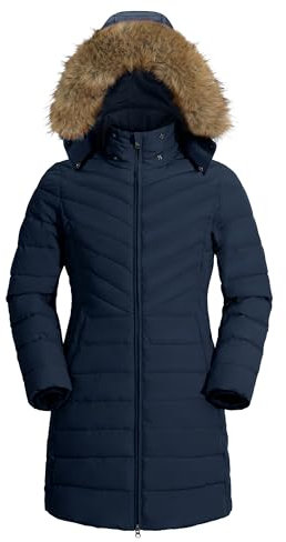 Pioneer Camp Wintermantel Damen Lang Warm Steppmantel Wasserdicht Winterjacke Mantel Damen Winter mit Abnehmbarer Kunstpelzkragen Navy Blau XXL