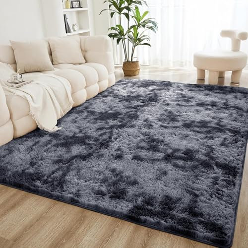 Oxford Homeware Rugs Living Room 120 x 170 CM – Tie-Dye Dark Grey Area Rugs for Bedroom Large Non Slip – Modern Super Soft Plush Carpets Fluffy Shaggy Rug for Lounge – Non Shedding Bedside Rug
