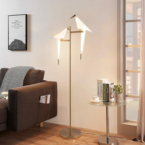 Stehlampe Wohnzimmer Moderne Gold Papier Kran Swing Vogel LED Stehlampe,3000K Warme Acryl Lampenschirm Metall Basis Stehlampen FüR Wohnzimmer Schlafzimmer BüRo Studie Lesen, 2 Kopf