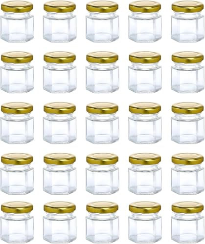 Small Glass Jars, 30 Pieces, 45 mL with Airtight Twist Lids, Gold, small jam jars with lids for Storage Honey Jar Leak Proof Seal for Integral Acid Vinegar Sweets Herbs, Breakfas Fruits, Nuts Jellies