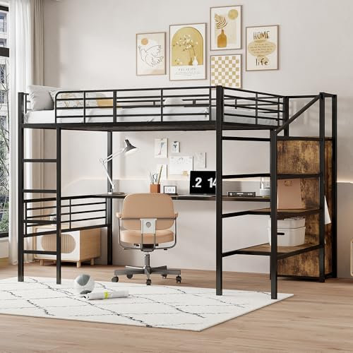 Dolamaní Hochbett Erwachsene Metall Schwarz 140x200 cm mit Treppe & Schreibtisch & Schrank Klein, Metallbett mit Rausfallschutz (140x200 cm-B)