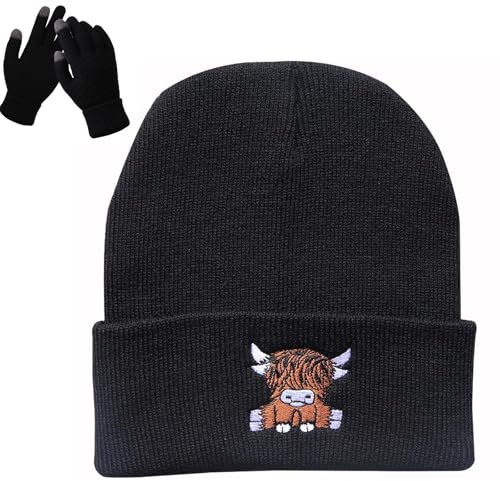 Schottische Hochlandkuh-Mütze-Handschuhe für Damen, süße Schottische Kuh-Strickmütze, warme Hip-Hop-Mütze für Herbst und Winter, Unisex-Skimütze (DE/NL/SE/PL, Alphanumerisch, Einheitsgröße, Schwarz)