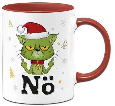 Tasse Grinch Katze - Nö - Weihnachtstasse lustig, Kaffeetasse mit Spruch als Geschenk für Anti Weihnachtsmuffel an Weihnachten (Rot)