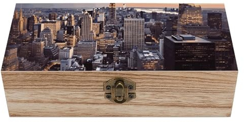 MNVTSKOP New York City bedruckte große Holz-Aufbewahrungsbox mit Deckel und Frontverschluss, Büro-Schreibtisch-Organizer, Aufbewahrungsbox, Erinnerungsbox, Schmuckbox, Geschenkbox