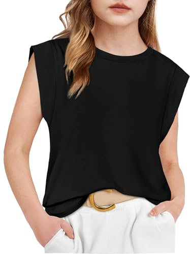 Arshiner Girls T Shirt Black Cotton Shirt Round Neck Top Cap Sleeve Kids Sport Shirt Casual Tank Top 10-11 Years