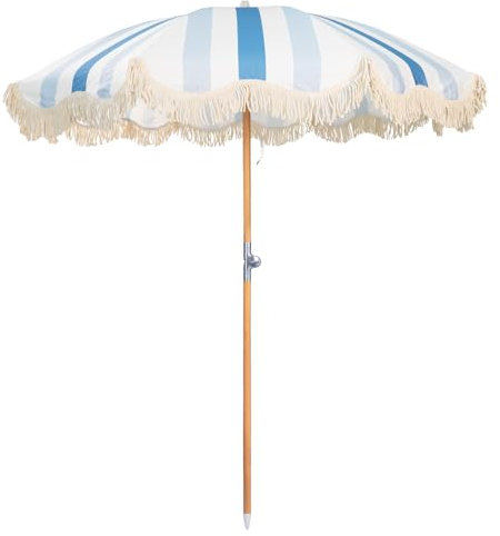 Mansader Sombrilla de playa bohemia de 2 m con flecos, paraguas de borla UPF 50+ con bolsa de transporte, sombrilla plegable de patio con poste de madera de alta calidad para jardín, césped, piscina