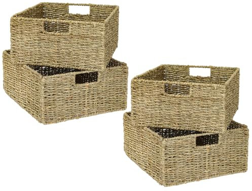 HMF Aufbewahrungskorb, Korb geflochten aus Seegras | 4er Set | passend für Kallax halbes Fach | 30 x 34 x 15 cm