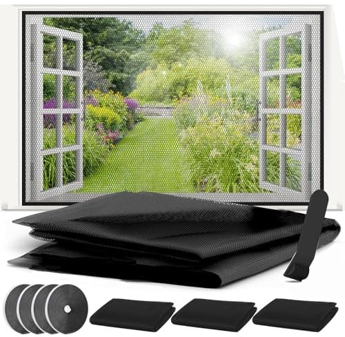4 er Set Fliegengitter Fenster, Selbstklebendes moskitonetz fenster, aus Insektenschutz ohne Bohren, Zuschneidbarer, inkl. doppelseitigem Klebeband,(schwarzem 130x150 cm)