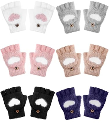 Geyoga 6 Paar Fingerlose Handschuhe Kinder Mädchen Jungen Winter Handschuhe mit Klappe Warme Gestrickte(Klassisch,8-12 jahre)