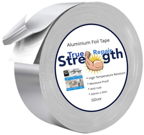 Aluminium Foil Tape - Super Sticky Self Adhesive Foil Tape - Waterproof High Temperature Heat Resistant - Heating Ventilation Systems Kitchen Sink Repairs - HVAC Air Ducts 50mm x 25m Silver