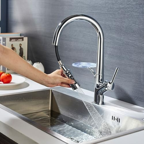 LakeBayMZC Grifo de cocina de 3 vías con extensible, grifo mezclador 3 en 1 para filtro de agua, giratorio 360°, cromado