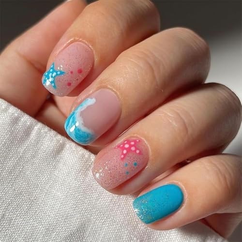 False Nails Summer 24Pcs Short Square Press on Nails with Beach Vibes Designs Full Cover Glue on Nails for Women Manicure (Bare chip, no wearable tools)