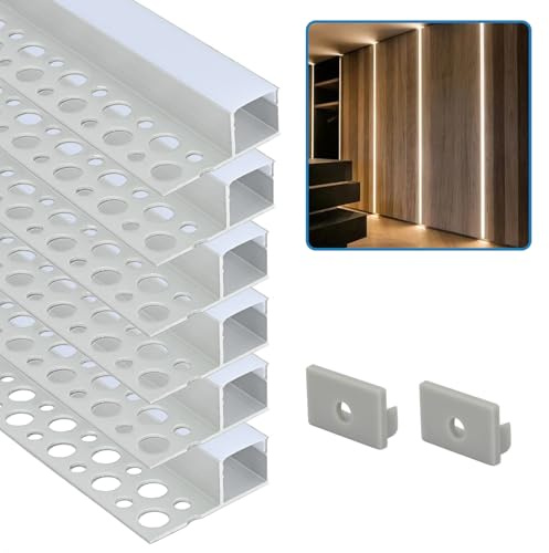 LED Profil 6 Pack, Gips-in LED Aluminium Profil 1.0 m/1M, Diffusor K Trimless Versenkt Einseitig, Streifen Diffusor mit Milchig Diffusor für Streifen Lichter für Wand/Decke/Schrank/Korridor