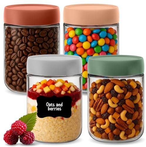 HEFTMAN Overnight Oats Jars with Lids - 4 Pack, 500ml | Airtight Overnight Oats Jar, Food-Safe Glass, Colourful Screw Top Breakfast Pots with Lids for Yogurt, Chia Seed Pudding