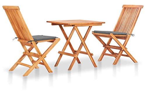 Snsowed 3-TLG. Bistroset mit Grauen Kissen, Balkonmöbel, Bistrotisch Mit Stühlen, Garten Möbel, Gartenlounge, Balkonset Für Kleine Balkone, Möbelsets, Massivholz Teak