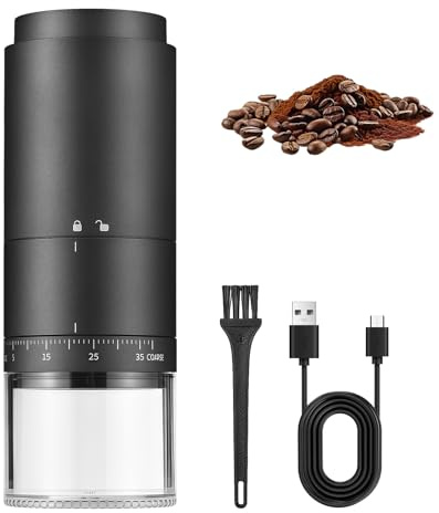 PORFOYO Molinillo de café eléctrico portátil con 38 ajustes de molienda, indicador de potencia digital, molinillo de café expreso recargable, molinillo de café expreso eléctrico